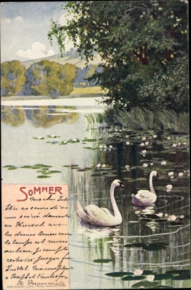 Artist Postcard Summer, allegory, season, swans on the water, pond lilies
