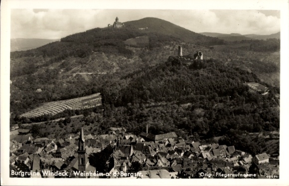 Postcard Weinheim an der Bergstraße Baden, castle ruins Windeck, aerial photograph