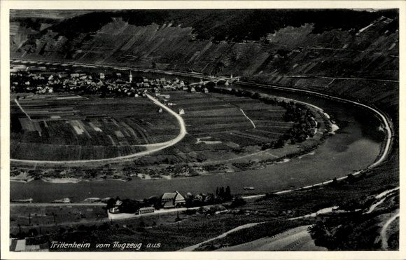 Postcard Trittenheim on the Moselle, aerial view of the Moselle, river landscape, mountains