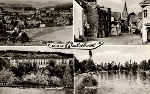 Postcard Waldbröl in the Oberbergischer Kreis, beach, town centre, hospital