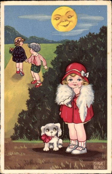 Kunstenaarskaart Boriss, Margret, meisje met vossenbont, hond, zon met gezicht