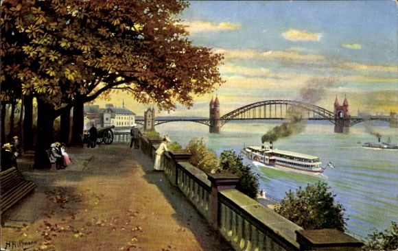 Artysta KP Hoffmann, H., Bonn am Rhein, widok ze starego mostu celnego, łódź