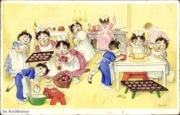 Artist Postcard Baumgarten, F., Humanized in the cooking class, cats, bake