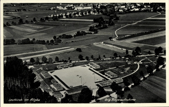 Postcard Leutkirch im Allgäu Württemberg, aerial view of Leutkirch, agricultural areas, small