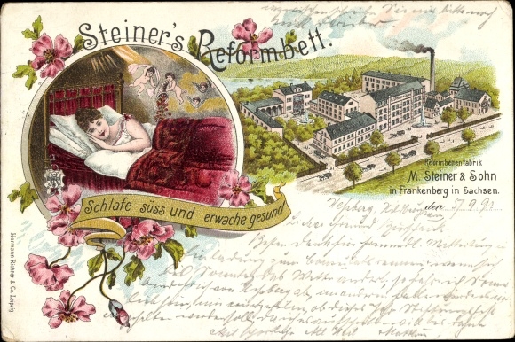 Chromo-Litho Frankenberg an der Zschopau Sachsen, Betten-Fabrik, Steiner&#39;s Reformbett, woman in bed