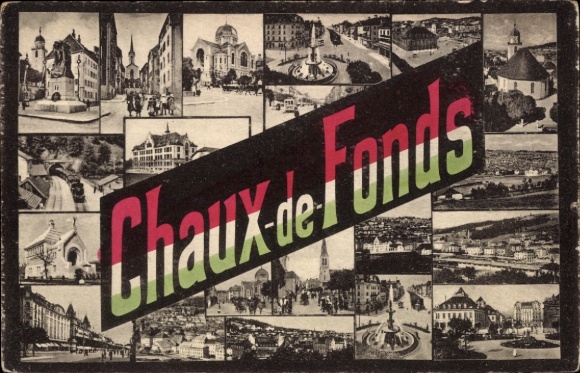 Ak La Chaux de Fonds Kanton Neuenburg, Detailansichten, Kirchen, Brunnen