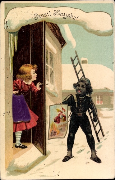 Embossed Chromo-Litho Happy New Year, chimney sweep with ladder, woman, front door