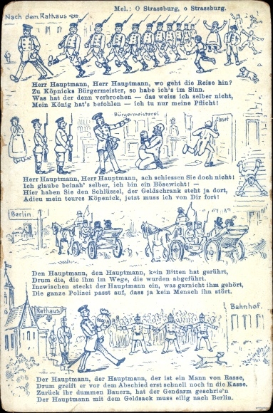 Song Postcard Hauptmann von Köpenick, After the town hall, Herr Hauptmann, where is the journey going