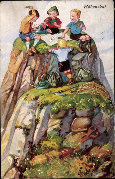 Artist Postcard Höhenskat, mountaineers play cards on the mountain peak