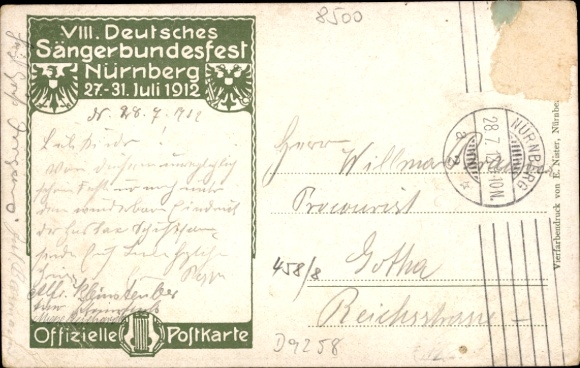 Artist Postcard Durst, J., Nuremberg in Middle Franconia, 8th German National Singers Festival 1912