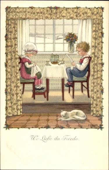 Artist PC Ebner, Pauli, where love there peace, children read the newspaper and knit at the table, cat