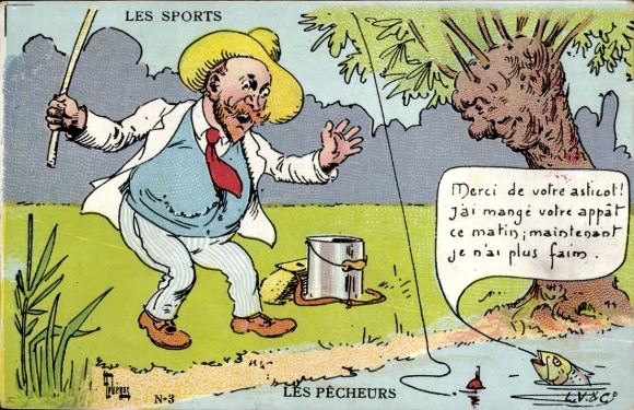 Künstler Ak Mann beim Angeln, Sprechender Fisch, Teich, Eimer