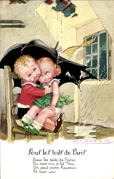 Artist Postcard Mauzan, Sous les Toits de Paris, lovers, rain, hole in the roof