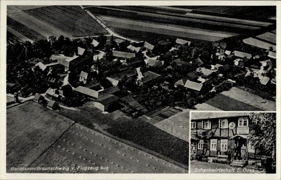 Postcard Gardessen near Cremlingen Lower Saxony, aerial photograph, Schankwirtschaft zur Post, E. Goes