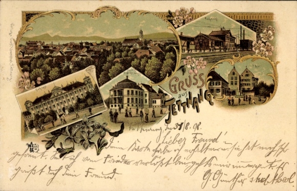 Litho Tettnang in Württemberg, Schloss, Bahnhof, Tor, Panorama