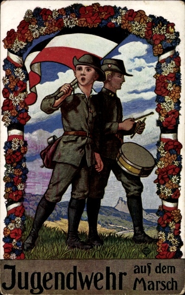 Künstler Ak Jugendwehr auf dem Marsch, Jungen in Uniformen, Trommler