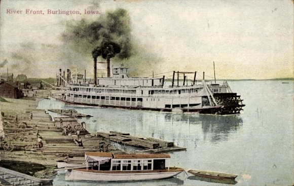Ak Burlington Iowa USA, Raddampfer im Hafen