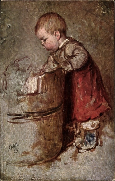 Artist Postcard Kaulbach, H., child at the washtub