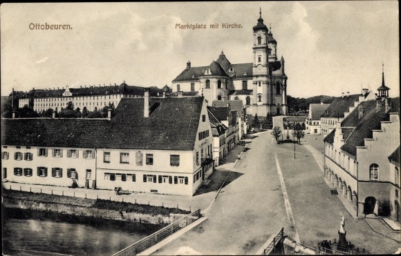 Postcard Ottobeuren in Oberschwaben Allgäu, market place with church