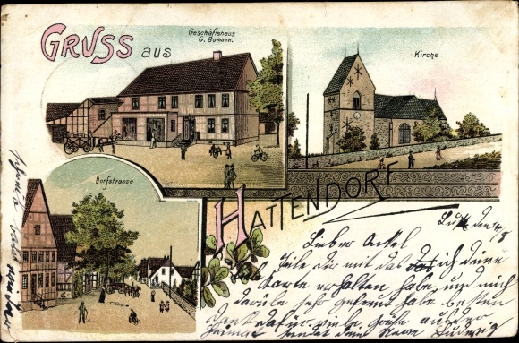 Litho Hattendorf Auetal in Schaumburg, Geschäftshaus, Kirche, Dorfstraße