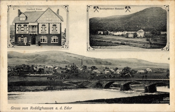 Postcard Reddighausen an der Eder Hatzfeld in Hessen, hammer, inn, bridge
