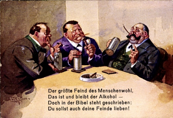 Künstler Ak Schlemo, E., Der größte Feind des Menschenwohl ist der Alkohol, dicke Männer, Bierkrüge