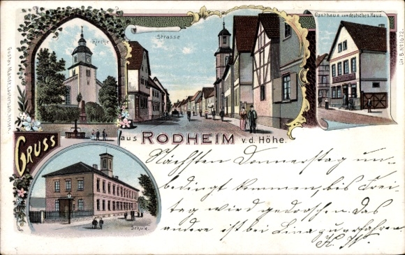 Chromo-Litho Rodheim Rosbach vor der Höhe Hesse, church, school, guesthouse to the German House