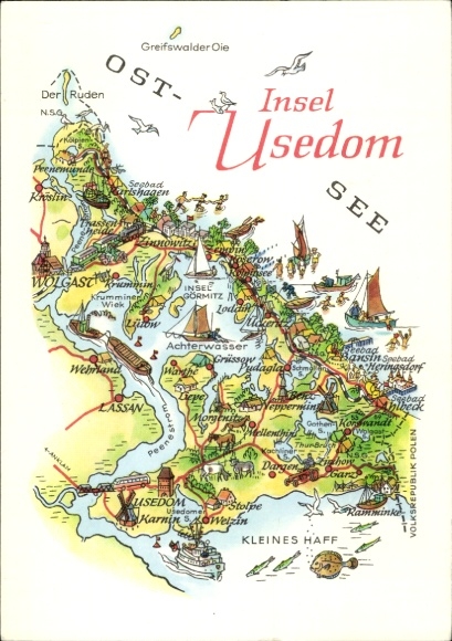 KP Wyspa Uznam, mapa plaż, miejsc, wód, mapa wyspy