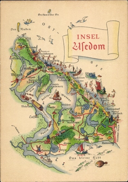 Maps Postcard Island Usedom, Zinnowitz, Heringsdorf, Bansin, Wolgast, Lassan