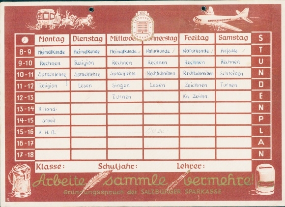 Timetable Salzburger Sparkasse, work - collect - multiply!, money boxes around 1960