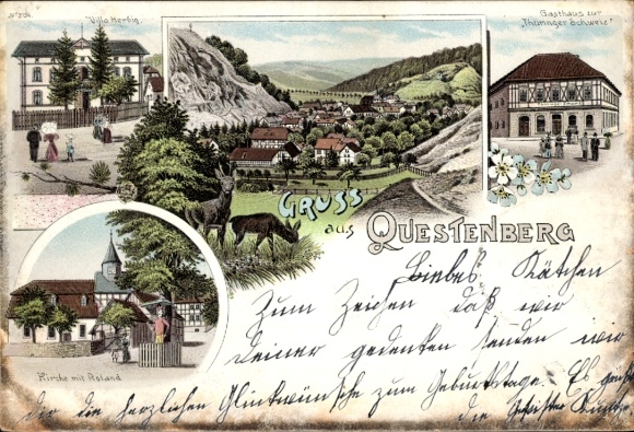 Litho Questenberg Südharz, Villa Herbig, Kirche, Roland, Gasthaus zur Thüringer Schweiz