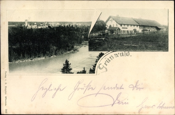 Postcard Grünwald in the district of Munich Upper Bavaria, water game, restaurant