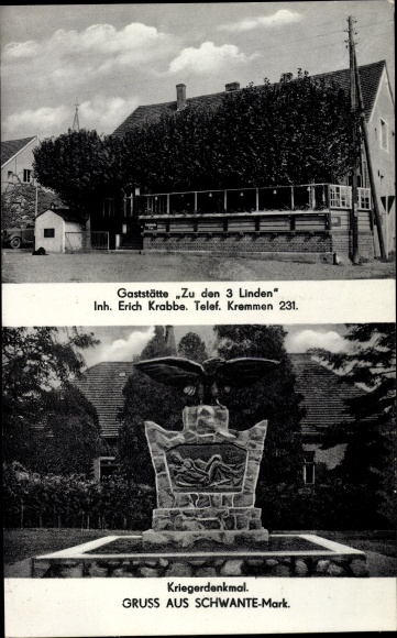Postcard Schwante Oberkrämer in Brandenburg, war memorial, restaurant to the 3 Linden trees
