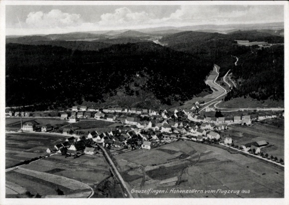 Postcard Gauselfingen Burladingen in the Swabian Alb, aerial view of Gauselfingen, houses, land