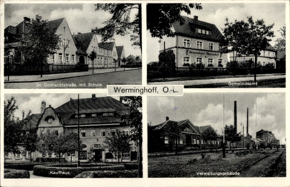 Postcard Werminghoff Knappenrode Hoyerswerda in Upper Lusatia, Dr. Gebhardtstraße, department store, school