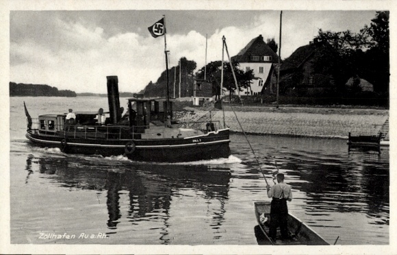Postcard Au am Rhein, customs port, steamship