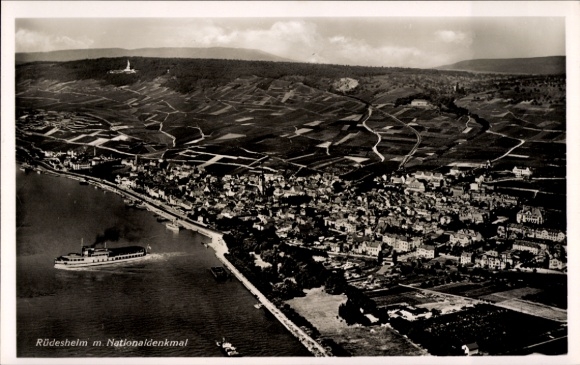 Postcard Rüdesheim am Rhein, aerial view of National Monument, vineyards, Rhine