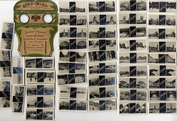 Imperial stereo reclamekijker Stereoscoop NPG met 46 stereofoto's rond 1900
