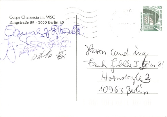 Studentika Postcard Berlin, Corps Cheruscia in the WSC, Ringstraße 89, coat of arms