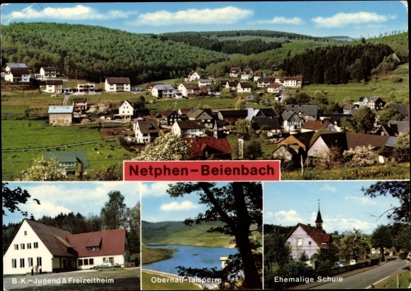 Ak Beienbach Netphen in Siegerland, jeugd- en vrijetijdscentrum BK, voormalige school, stuwdam Obernau