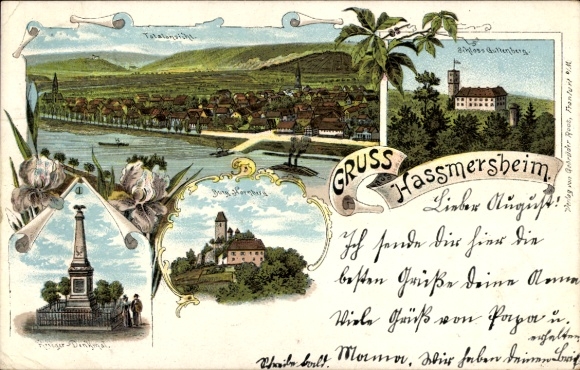 Chromo-Litho Haßmersheim am Neckar, general view, Guttenberg Castle, Hornberg Castle, war memorial