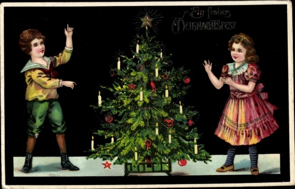 Glitter Ak Vrolijk Kerstfeest, kinderen bij de kerstboom