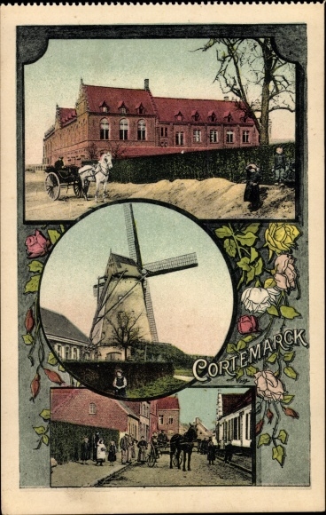 Ak Cortemarck Kortemark West-Vlaanderen, molen, stadsgezichten