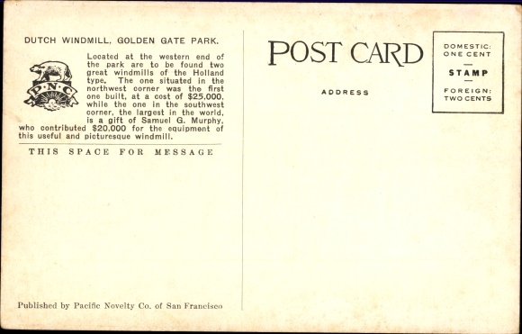 Postcard San Francisco California USA, Dutch Windmill, Golden Gate Park