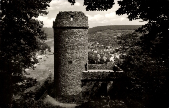 Postcard Bad Karlshafen on the Weser, Huguenot Tower, stone tower, surrounding landscape, architect