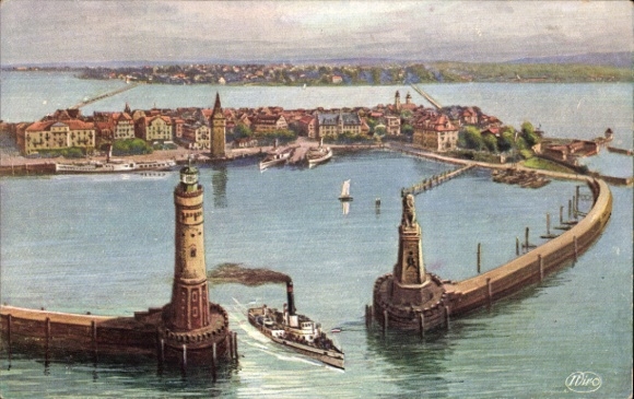 Ak Lindau am Bodensee Schwaben, Luftaufnahme von Lindau, Hafen, Leuchttürme, Dampfschiff