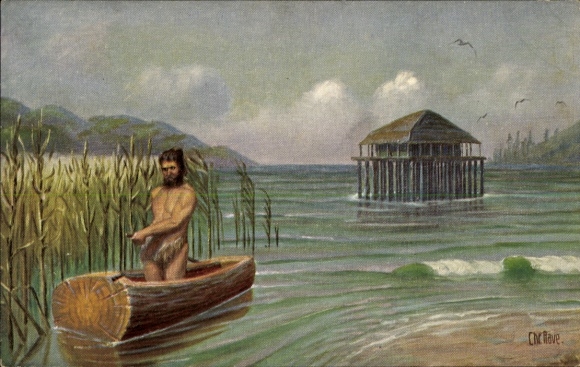 Artist Postcard Rave, Chr., Marine Gallery 11, dugout canoe from the time of the pile dwellings and the oldest cultural period