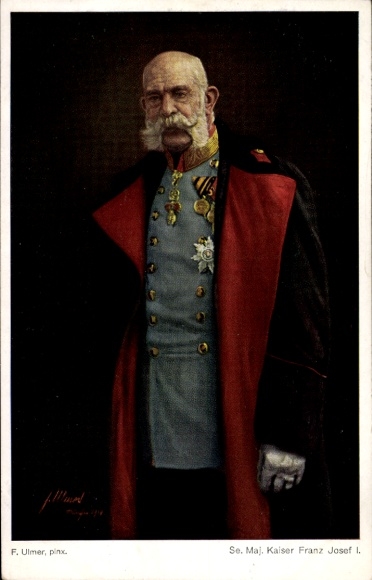 Künstler Ak Ulmer, H., Kaiser Franz Joseph I., Standportrait in Uniform, Orden, Mantel