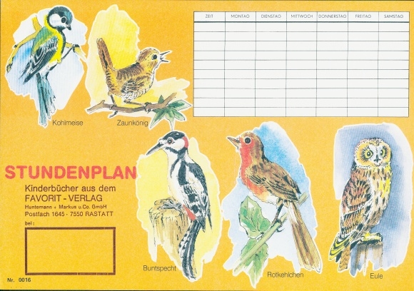 Timetable children's books in the Favorit-Verlag Rastatt, birds, great spotted woodpecker, robin, owl, great tit
