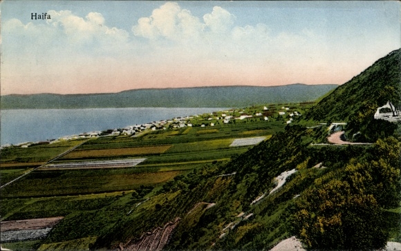 Postcard Haifa Israel, landscape with hills, water, houses, fields, sky
